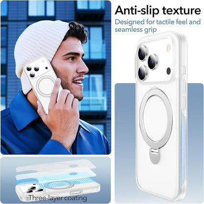 Anqrp 360° All-in-ONE Stand Case for iPhone 17 Pro Max Case with Rotatable Magnetic Kickstand Ring Holder, Compatible with Mag-Safe, MIL-Grade Shockproof iPhone 17 Pro Max Cover, Mist Matte Clear