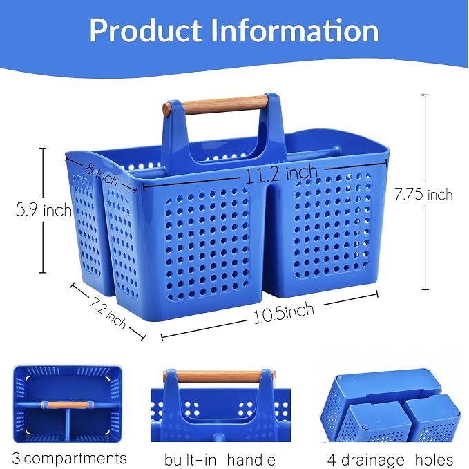 Portable Shower Caddy Basket with Compartments, Plastic Divided Cleaning Caddy Organizer Storage Tote with Handle for Bathroom, College, Dorm Room Essentials, Deep Blue