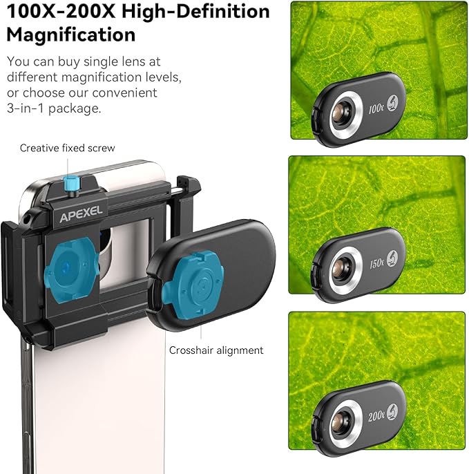 APEXEL 3-in-1 Phone Microscope Lens, PhoneMicro 5 Series 100X/150X/200X Phone Micro Lens for Android/iPhone with LED Light/CPL/Universal Clip, Phone Lens Attachment Mini Pocket Microscope Camera