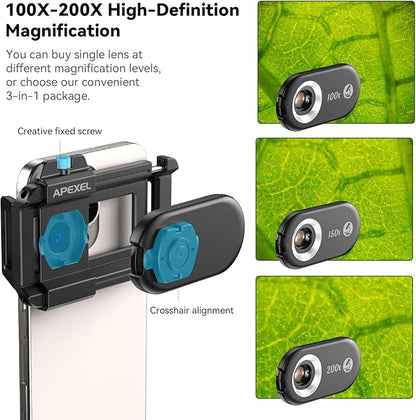 APEXEL Phone Microscope Lens, PhoneMicro 5 Series 200X Phone Micro Lens for Android/iPhone With LED Light/CPL/Universal Clip, Mini Pocket Microscope, Smartphone Camera Attachment for iPhone & Android.