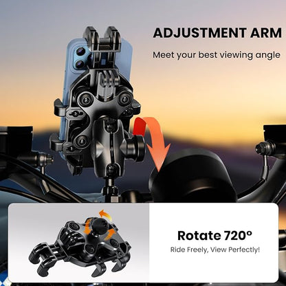 Motorcycle Phone Mount Holder with Vibration Dampener Anti-Shake 720° Adjustable for iPhone 16 Pro Max for Samsung 5.4''-6.9'' Phone Anti-Theft Dirt Bikes(Clamp Base 0.47-1.77" Handlebar)