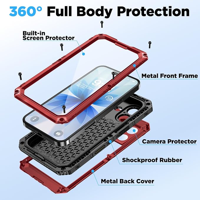 Beasyjoy for iPhone 17 Case Waterproof, Heavy Duty Metal Full Body Protection, Built-in Screen Protector, Military Grade Shockproof Dustproof Rugged Cover for iPhone 17 6.3 inch, Red