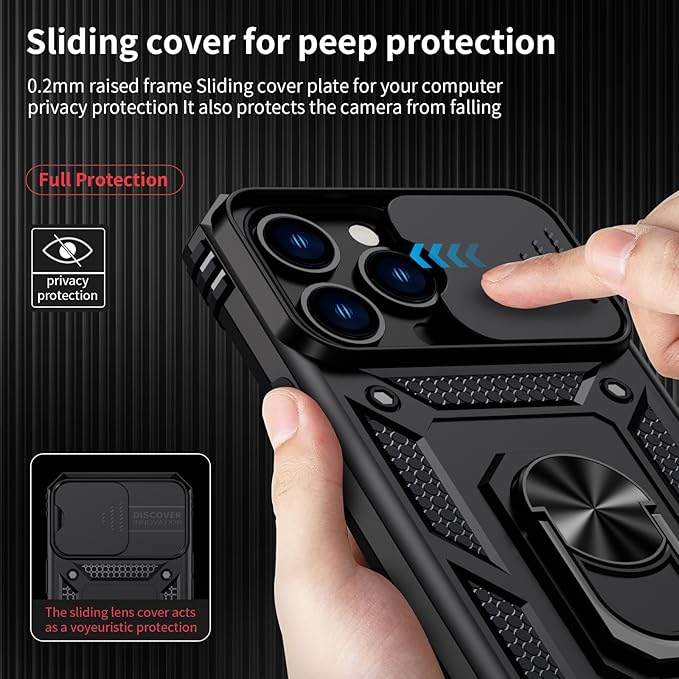 Weycolor for iPhone 13 Pro Case with Camera Lens Cover, HD Screen Protector, 10 FT Military Grade Drop Protection, Magnetic Ring Holder Kickstand Protective Phone Case for iPhone 13 Pro, Black