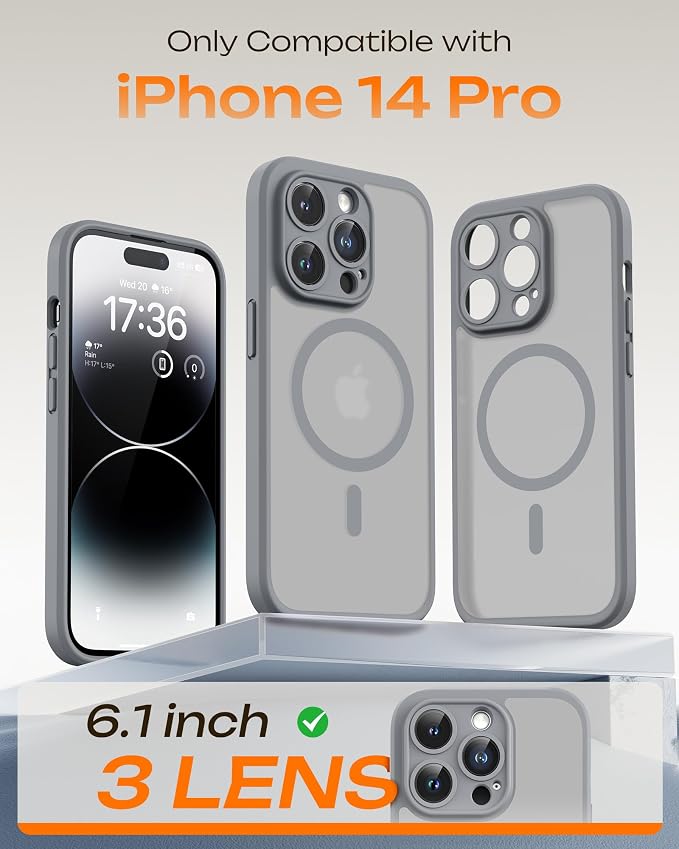 TOCOL for Phone 14 Pro Case, Compatible with Magsafe Charger, Full Camera Protection, Drop Protection, Translucent Matte Phone Case for iPhone 14 Pro 6.1 inch (Gray)