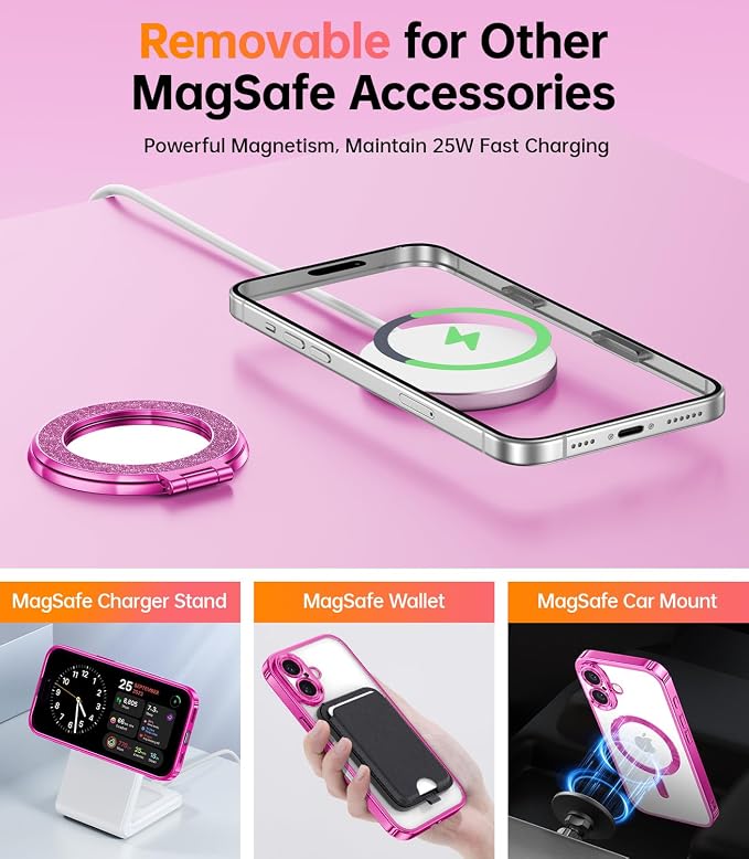 Meifigno Magnetic Case with Removable Phone Ring Stand for iPhone 16 Plus, [Glitter Card & Wrist Strap] [MagSafe Compatible] [Built in Mirror] Magnetic Phone Ring Holder + 16 Plus Case Kit, Hot Pink