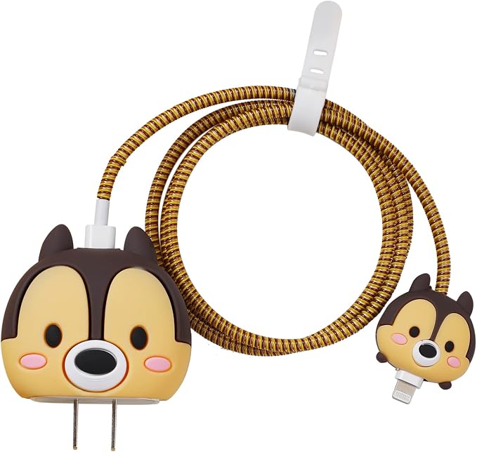 3D Cute Cartoon Charger Protector Case - Compatible for Apple 20W USB-C Power Adapter and Lightning Cable (Brown Squirrel)