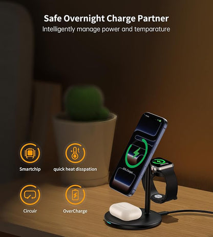 XooFly 3 in 1 Wireless Charging Station for Apple Devices, Fast Wireless Mag-Safe Charger Stand with 20W Adapter for iPhone 17/16 15 14 13 12 Pro Max/Pro/Plus/Air/Mini, iWatch, AirPods (Black)