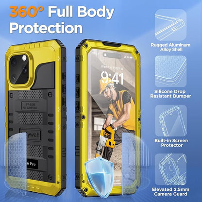 Mitywah Waterproof Case for iPhone 16 Pro, Shockproof Heavy Duty Case with Built-in Screen Protector, Underwater Full Body Protective Metal Case 6.3 inch, Yellow
