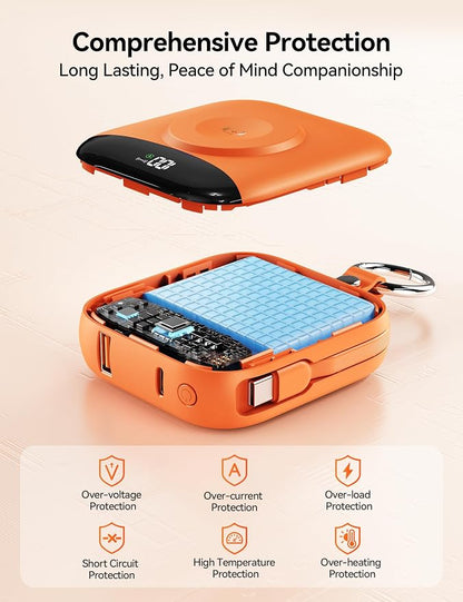 Portable Charger Power Bank, 10000mAh Fast Charging Power Bank with Built-in Cables, Travel Keychain Battery Pack with LED Display for iPhone Samsung Android iPad iWatch Charger 11/10/9/8/Ultra,Orange