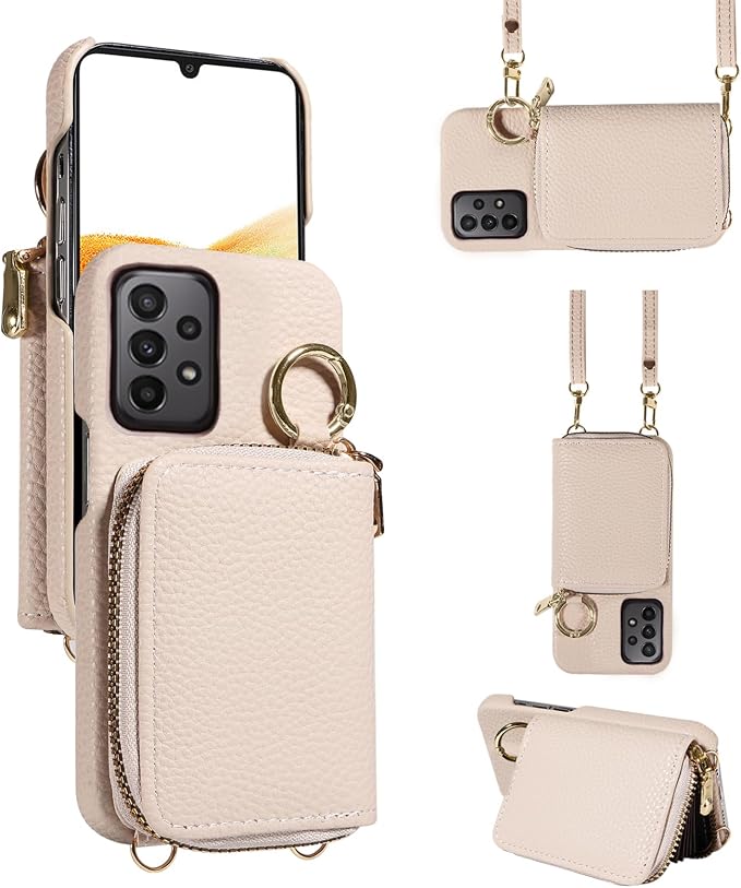 Wallet Case for Samsung Galaxy A33 5G with Shoulder Strap Ring Buckle, Luxury PU Leather Zipper Flip Organ Purse Credit Card Holder Stand Full Body Cell Phone Cover for A 33 33A Women Men White