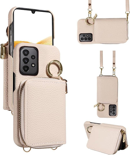 Wallet Case for Samsung Galaxy A33 5G with Shoulder Strap Ring Buckle, Luxury PU Leather Zipper Flip Organ Purse Credit Card Holder Stand Full Body Cell Phone Cover for A 33 33A Women Men White