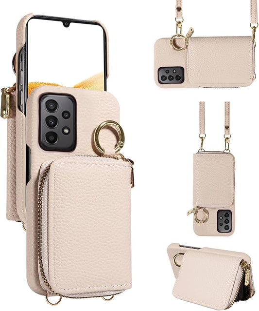 Wallet Case for Samsung Galaxy A33 5G with Shoulder Strap Ring Buckle, Luxury PU Leather Zipper Flip Organ Purse Credit Card Holder Stand Full Body Cell Phone Cover for A 33 33A Women Men White