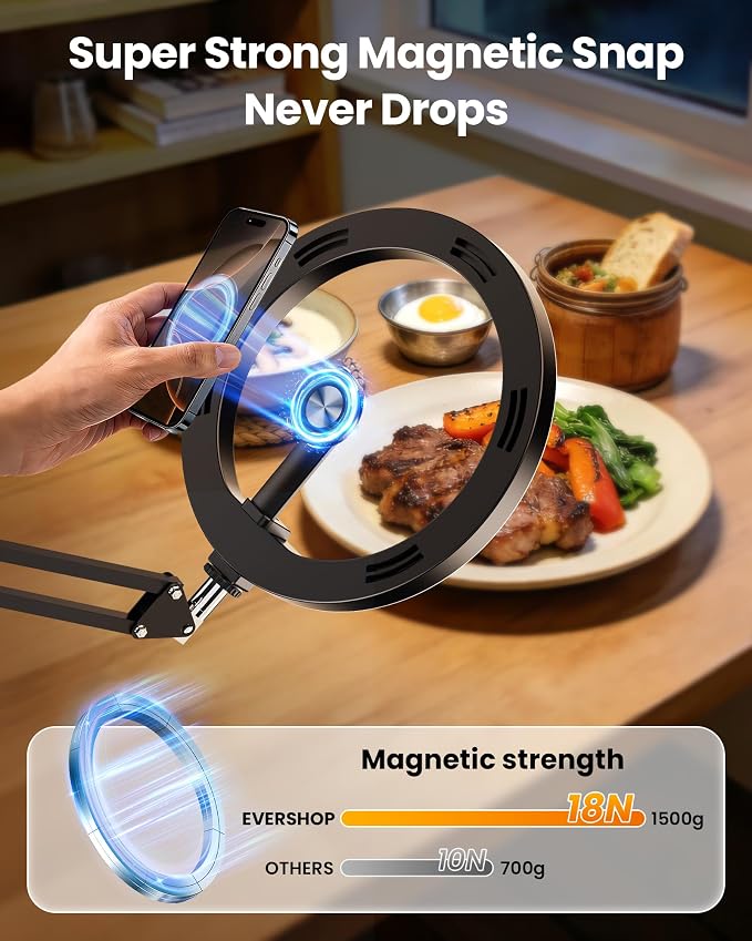 Magnetic Overhead Ring Light for Desk, 10” Selfie Light with Stand Tripod for iPhone, Adjustable Overhead Phone Mount with MagSafe-Compatible Holder for Recording, Vlogging, Crafts, TikTok, YouTube