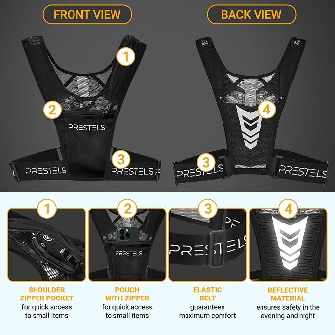 Running Vest Phone Holder - Reflective Running Vest for Men & Women - Adjustable & Breathable Design - Best Chest Pack Gear with Multiple Pockets for Phone, Water Bottle & Other Accessories