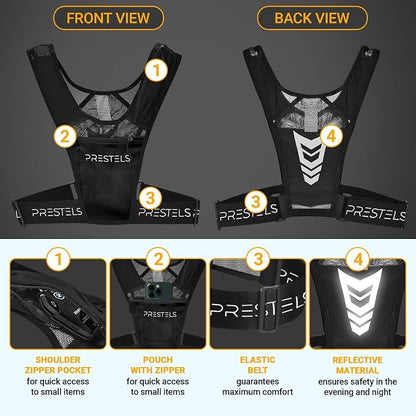 Running Vest Phone Holder - Reflective Running Vest for Men & Women - Adjustable & Breathable Design - Best Chest Pack Gear with Multiple Pockets for Phone, Water Bottle & Other Accessories