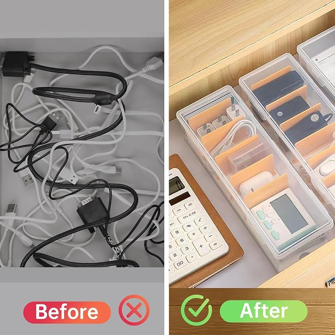 3 Pack Clear Cable Organizer Box with Lid, Plastic Charger Cable Cord Storage Organizer, Stackable Office Desk Organizers, Multifunctional Accessories Storage Box Fit in Home Drawer