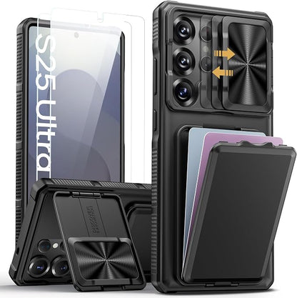 SSLOTSCASE for Samsung Galaxy S25 Ultra Case with 2X Screen Protector, HD Clarity Anti-Scratch, Card Holder & Kickstand & Slide Camera Lens Cover, Rugged Shockproof Phone Cover for S25 Ultra, Black