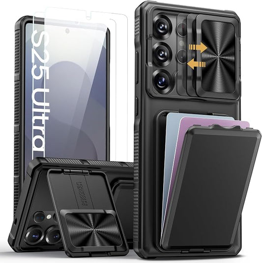 SSLOTSCASE for Samsung Galaxy S25 Ultra Case with 2X Screen Protector, HD Clarity Anti-Scratch, Card Holder & Kickstand & Slide Camera Lens Cover, Rugged Shockproof Phone Cover for S25 Ultra, Black