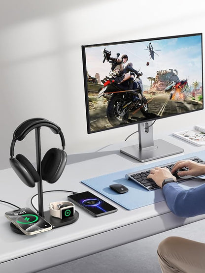 TopMade 5 in 1 Headphone Stand for Desk with Wireless Charger & USB Charging for iPhone/AirPods/iWatch, Universal Desktop Gaming Headset Holder for Airpods Max, Bose, Beats, Razer and More, Black