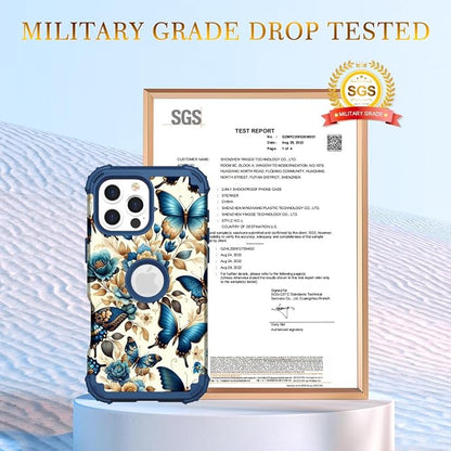 Hocase for iPhone 16 Pro Case 6.3", Heavy Duty Shockproof Protection Soft Silicone Rubber+Hard Plastic Bumpers Hybrid Protective Case for iPhone 16 Pro 2024 - Blue Butterflies