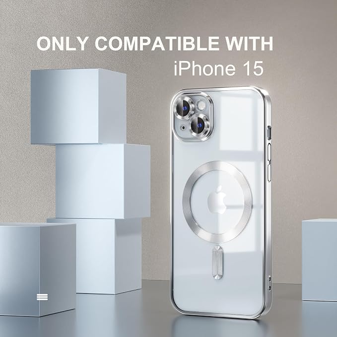 Misea Magnetic for iPhone 15 Case Compatible with MagSafe [Never Yellowing] [Military Grade Drop Protection] Full Camera Lens Protector Plating Soft Clear Phone Case for Women, Silver