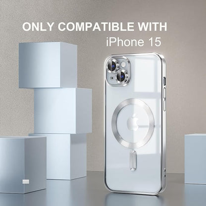 Misea Magnetic for iPhone 15 Case Compatible with MagSafe [Never Yellowing] [Military Grade Drop Protection] Full Camera Lens Protector Plating Soft Clear Phone Case for Women, Silver