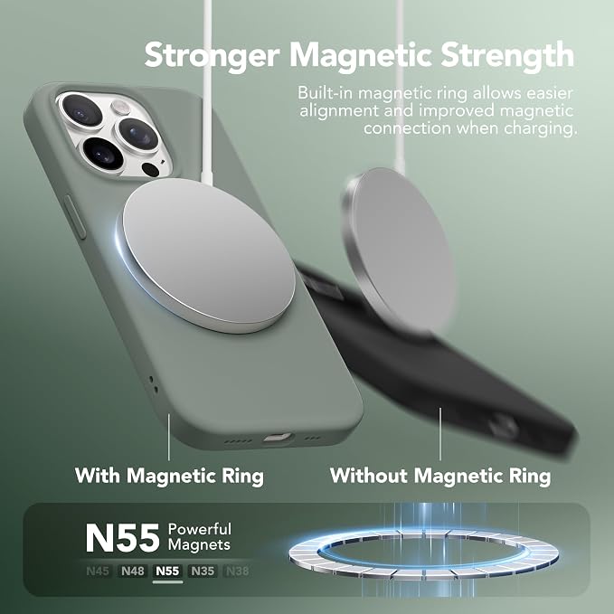GONEZ Magnetic for iPhone 15 Pro Case, Compatible with MagSafe, [Screen Protector + Camera Lens Protector], Silicone Shockproof Anti-Scratch Protective Phone Case 6.1 inch, Calke Green