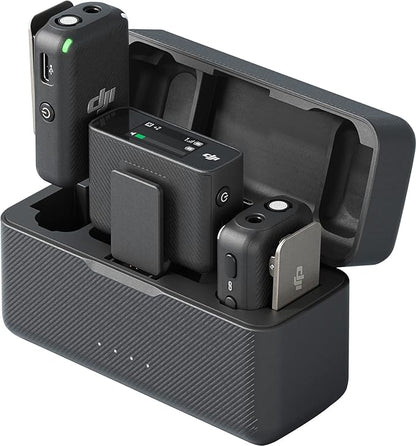 DJI Mic (2 TX + 1 RX + Charging Case), Wireless Lavalier Microphone, 250m (820 ft.) Range, 15-Hour Battery, Noise Cancellation Wireless Microphone for PC, iPhone, Record Interview, YouTube, Black