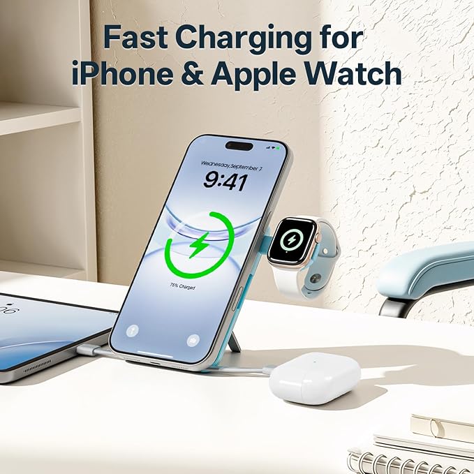 Q Magnetic Wireless Portable Charger 10,000mAh, Travel Essentials Power Bank with Built-in Cables & Foldable Stand, External Battery Pack Compatible with iPhone 17/16/15/14/13/12, Apple Watch