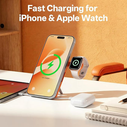 Q Magnetic Wireless Portable Charger 10,000mAh, Travel Essentials Power Bank with Built-in Cables & Foldable Stand, External Battery Pack Compatible with iPhone 17/16/15/14/13/12, Apple Watch