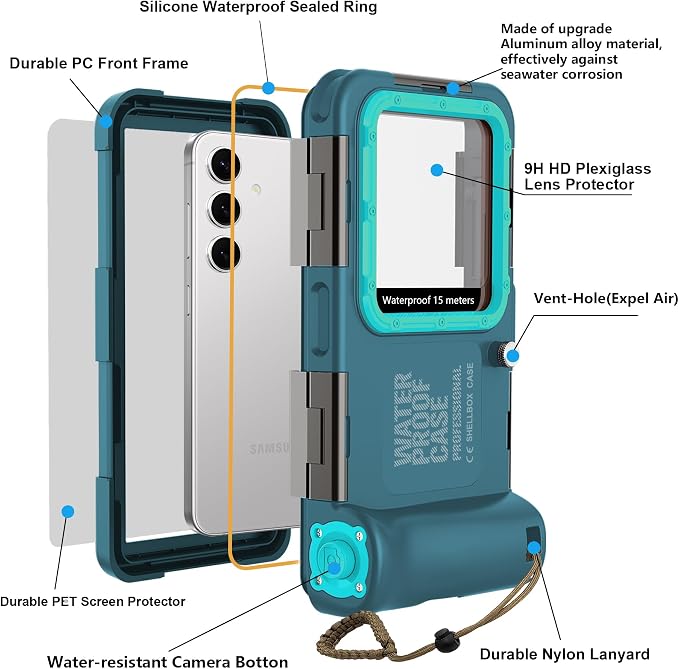 Universal Scuba Diving[50FT/15M] Underwater Snorkeling Waterproof Phone Case for Samsung Galaxy S25/24/S23/S22 Ultra/Plus Google Pixel Motorola Huawei/LG Series[Right Volume Button],Teal