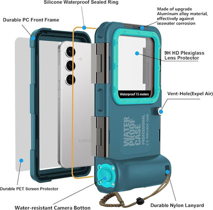 Universal Scuba Diving[50FT/15M] Underwater Snorkeling Waterproof Phone Case for Samsung Galaxy S25/24/S23/S22 Ultra/Plus Google Pixel Motorola Huawei/LG Series[Right Volume Button],Teal