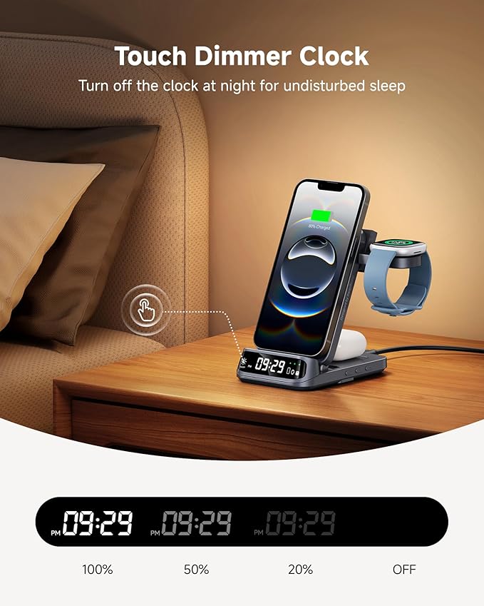 Wireless Charger for Fitbit Versa 4/3/Sense 2/1/Ace LTE, Charging Station for iPhone 17/16/15/14/13, for Samsung S25/S24/S23, 3-in-1 Charger Stand for AirPods/Galaxy Buds, SwanScout 708FB (No Adapter)
