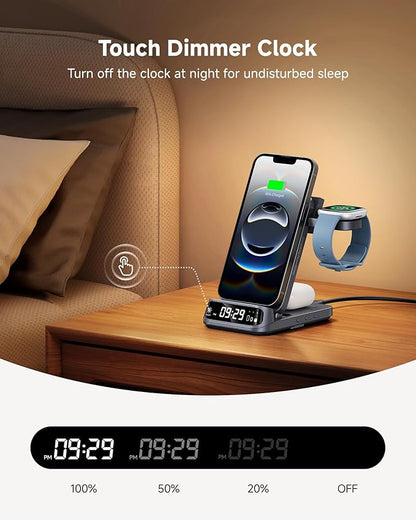 Wireless Charger for Fitbit Versa 4/3/Sense 2/1/Ace LTE, Charging Station for iPhone 17/16/15/14/13, for Samsung S25/S24/S23, 3-in-1 Charger Stand for AirPods/Galaxy Buds, SwanScout 708FB (No Adapter)