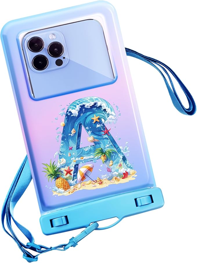 Personalized Initial Waterproof Phone Pouch Case - IPX8 Cellphone Dry Bag with Lanyard for iPhone 16/15/14/13/12 Pro Max (6.1–6.9"), Beach & Cruise Ship Essentials with Monogrammed Design (Blue, A)