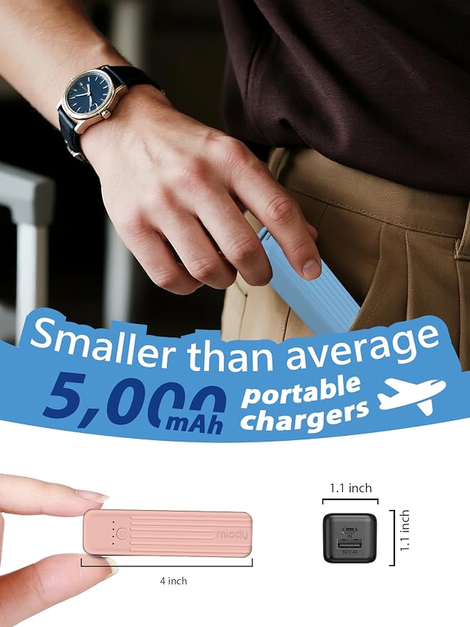 Miady 2-Pack Small Portable Charger 5000mAh Power Bank Travel Battery Pack | Dual USB丨Pocket Size丨Lightweight丨for Backpack丨Compatible with iPhone Android etc丨18.5Wh丨Flight-Safe丨Ultra-Compact丨Blue+Pink
