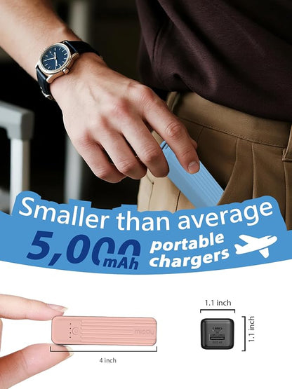 Miady 2-Pack Small Portable Charger 5000mAh Power Bank Travel Battery Pack | Dual USB丨Pocket Size丨Lightweight丨for Backpack丨Compatible with iPhone Android etc丨18.5Wh丨Flight-Safe丨Ultra-Compact丨Blue+Pink