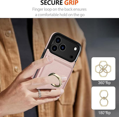 LOHASIC for iPhone 17 Pro Case Wallet with Card Holder, 360° Rotation Ring, RFID Blocking, 5 Card Slots, PU Leather 6.3" Cover for Apple 17 Pro Men Women, Rose Gold
