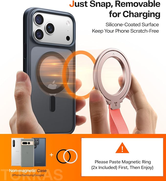 TORRAS 2025 Upgrade (Gen 6.0) Magnetic Phone Grip Holder Kickstand with Braided Strap, Fit for MagSafe Ring Removable, for iPhone 17 16,15, 14, 13 12 Pro/Max Samsung, Google (Rose Gold), Ostand Ring
