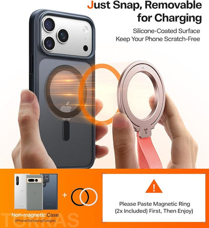 TORRAS 2025 Upgrade (Gen 6.0) Magnetic Phone Grip Holder Kickstand with Braided Strap, Fit for MagSafe Ring Removable, for iPhone 17 16,15, 14, 13 12 Pro/Max Samsung, Google (Rose Gold), Ostand Ring