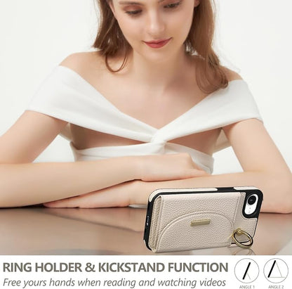 Keallce Wallet Case for iPhone 17e/iPhone 16e, Flip Case with Card Slots, Ring Holder Kickstand, PU Leather Protective Folio Cover for Women, Beige