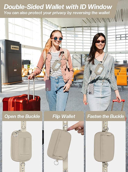 Clip and Go Strap for Phone with Wallet Crossbody Phone Lanyard Adjustable and Detachable RFID Wristlet Wallet with ID Window and Zipper, Khaki