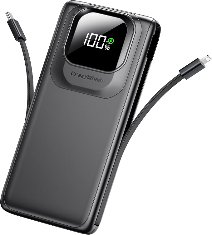Portable Charger Power Bank with Built-in Cables Fast Charging | 22.5W Type C 10000mAh Phone Charger, Travel Battery Pack Slim Battery Bank with LED Display for iPhone, Android & USB C
