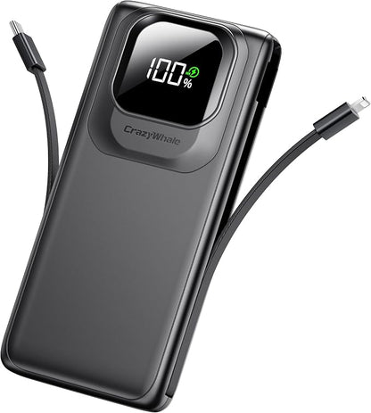 Portable Charger Power Bank with Built-in Cables Fast Charging | 22.5W Type C 10000mAh Phone Charger, Travel Battery Pack Slim Battery Bank with LED Display for iPhone, Android & USB C