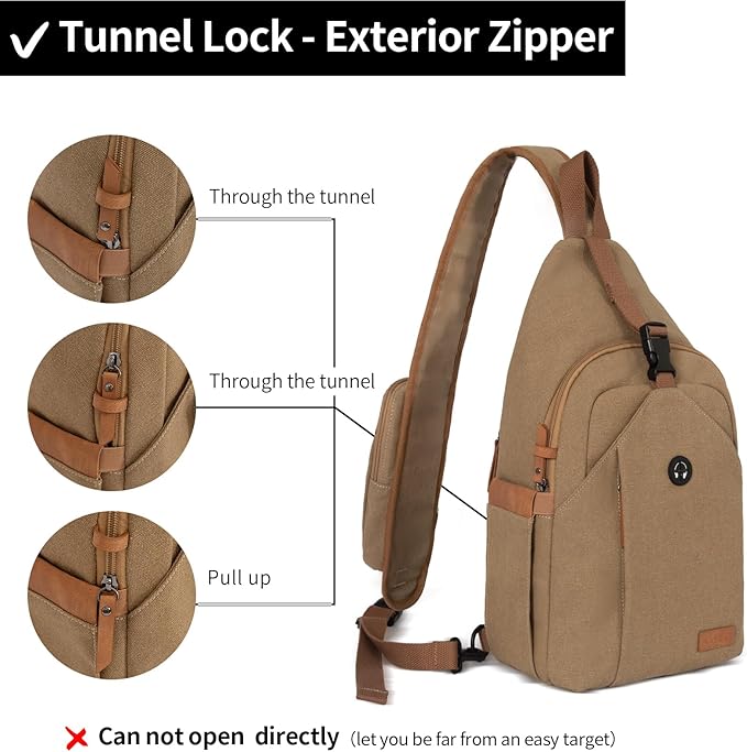 OSOCE Sling Bag for Men, Anti Theft Crossbody with Tunnel Lock, Waterproof Canvas Shoulder Backpack for Travel Hiking Daily