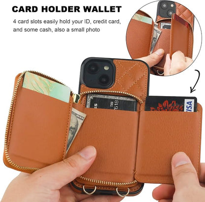 Bocasal Crossbody Wallet Case for iPhone 14, RFID Blocking PU Leather Zipper Handbag Purse Flip Cover, Kickstand Folio Case with Card Slots Holder Wrist Strap Lanyard 5G 6.1 Inch (Brown)