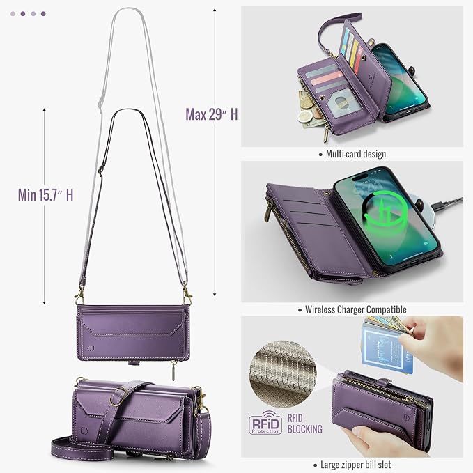 Strapurs Wallet Case Compatible with iPhone Air 6.5" RFID Blocking 10-Card Holder Soft PU Leather Magnetic Snap Shoulder Strap Zipper Pocket Phone Case Fit for iPhone 17 Air for Women - Purple