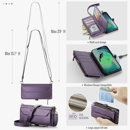 Strapurs Wallet Case Compatible with iPhone Air 6.5" RFID Blocking 10-Card Holder Soft PU Leather Magnetic Snap Shoulder Strap Zipper Pocket Phone Case Fit for iPhone 17 Air for Women - Purple