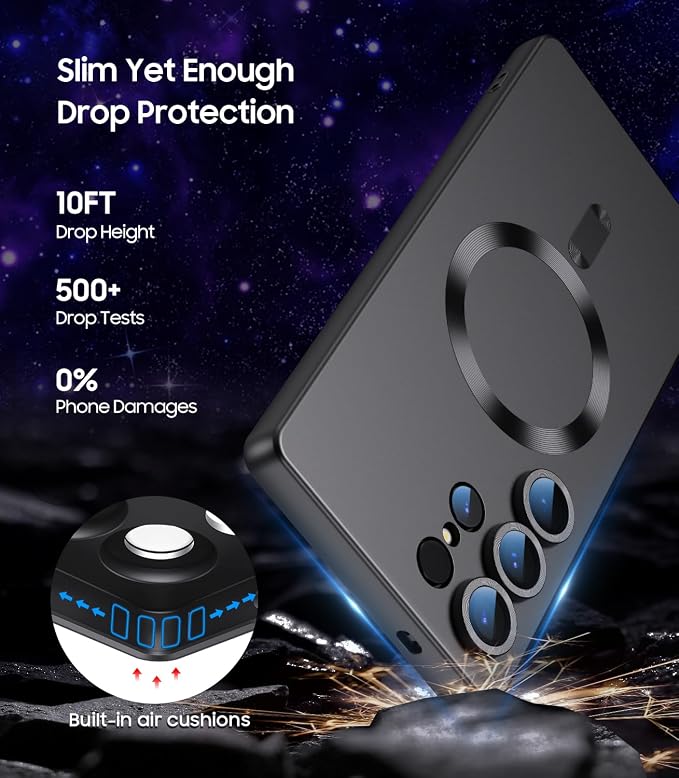 Magnetic for Samsung Galaxy S25 Ultra Case [Compatible with MagSafe][Built-in Camera Lens Protector] Slim Soft Silicone Bumper Shockproof Metallic Luster Phone Shell (Black)