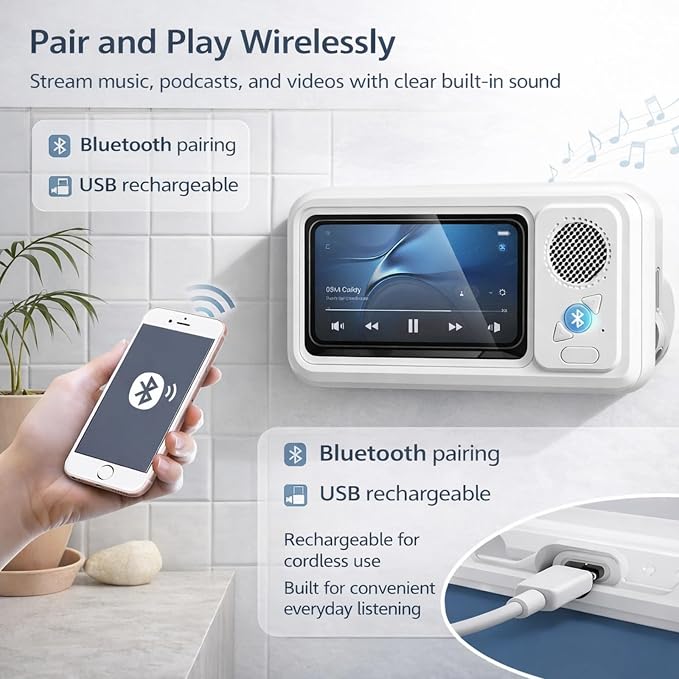 Waterproof Shower Phone Holder with Built-in Bluetooth Speaker, Wall Mount Touch Screen Phone Case for Bathroom, Anti-Fog Window, Fits Smartphones up to 7”, Hands-Free Video & Music (White)